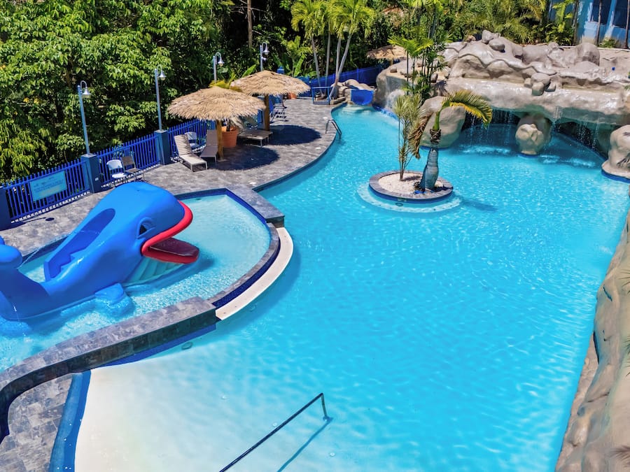 Uma piscina com escorregador em formato de golfinho e cachoeira.