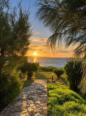A stone pathway leading to a body of water with a sunset in the background.