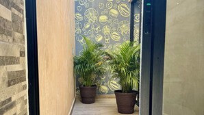 A narrow hallway with a patterned wall, two potted plants, and a metal door frame. - Ceremonial Tulum (Tulum)