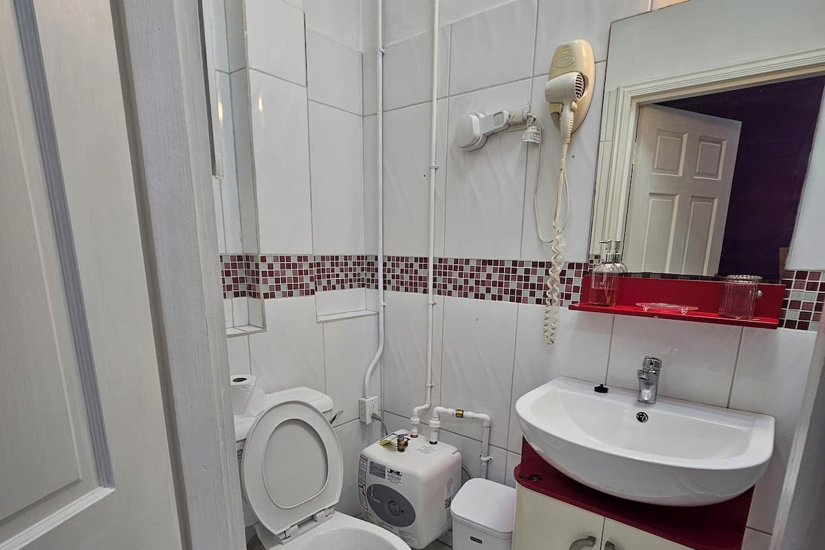 Une petite salle de bain comprenant des toilettes, un bidet et un lavabo.