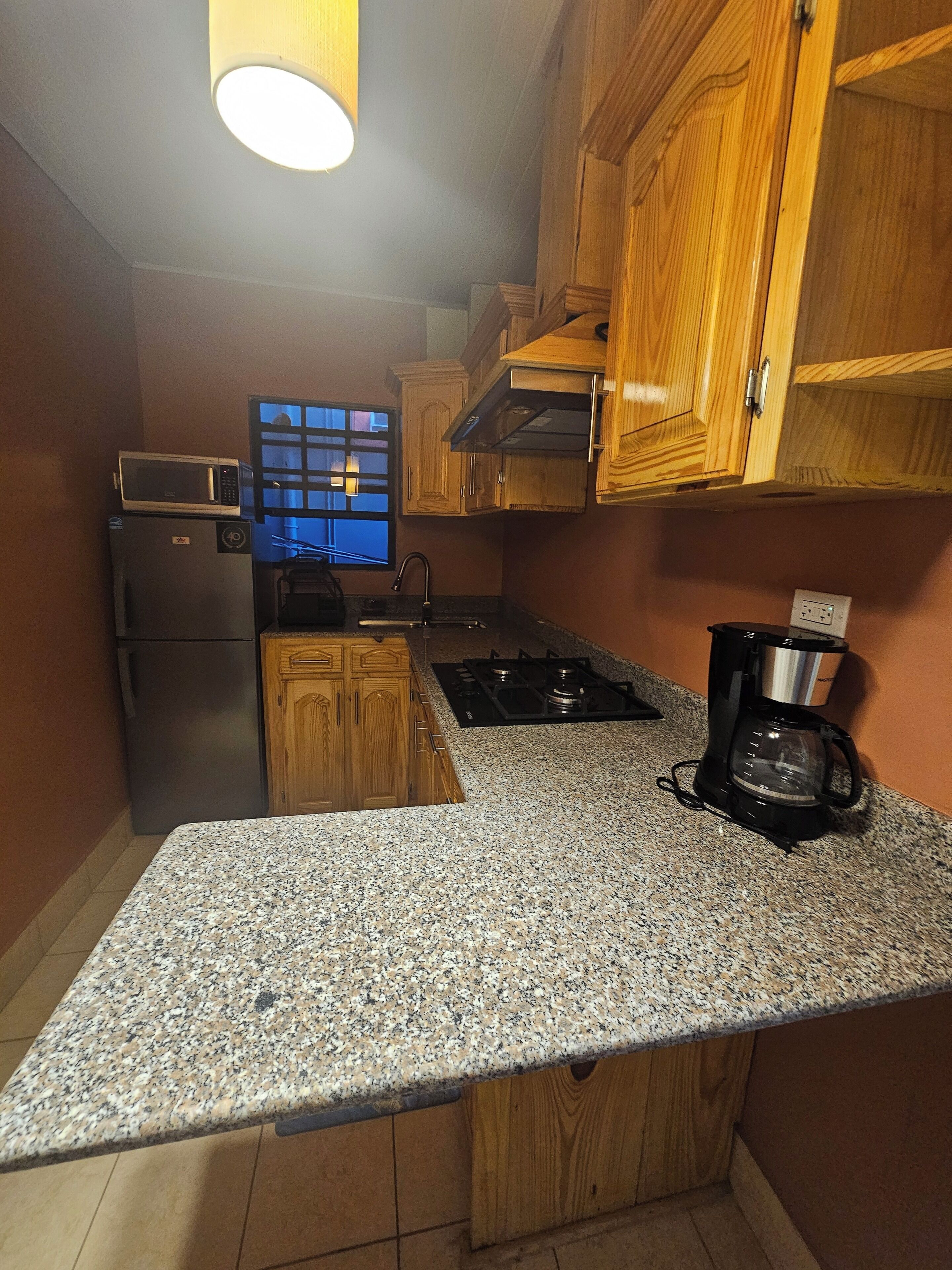 A kitchen with granite countertops, wooden cabinets, a stainless steel refrigerator, a microwave, a stove, and a coffee maker.