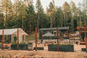 A rustic cabin surrounded by a wooden fence and a garden with raised beds. - Tiny Cabin Retreat w/Hot Tub & Alpacas Rescue (Josephine County)