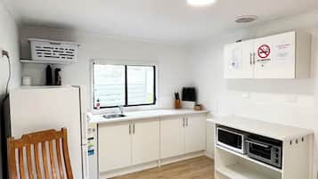 Fridge, microwave, electric kettle, toaster