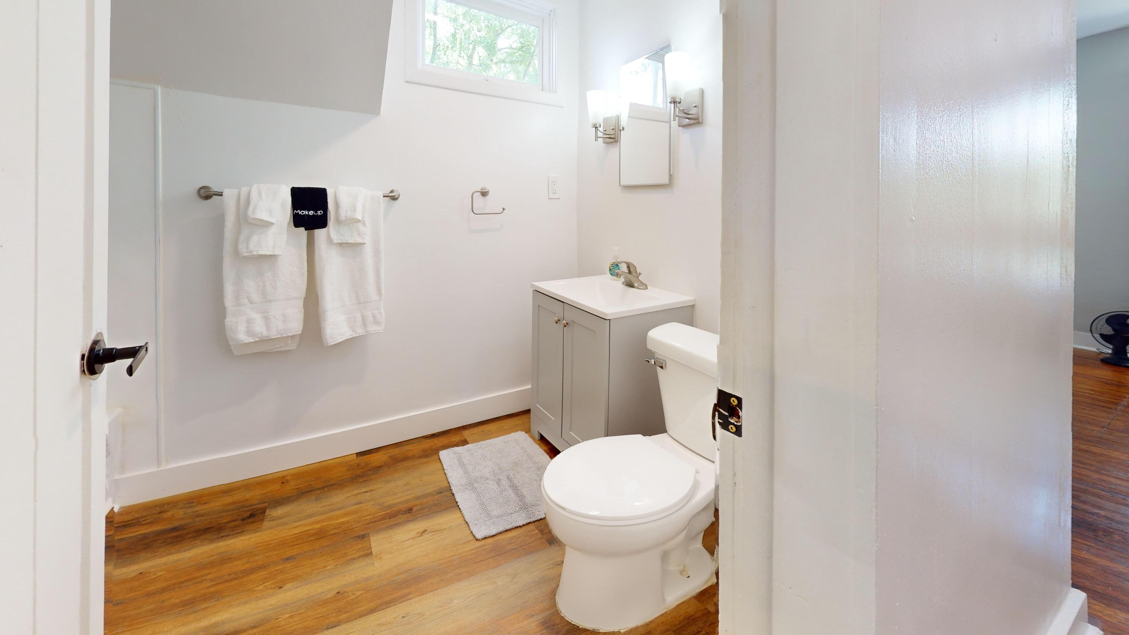 Hair dryer, towels, soap, toilet paper