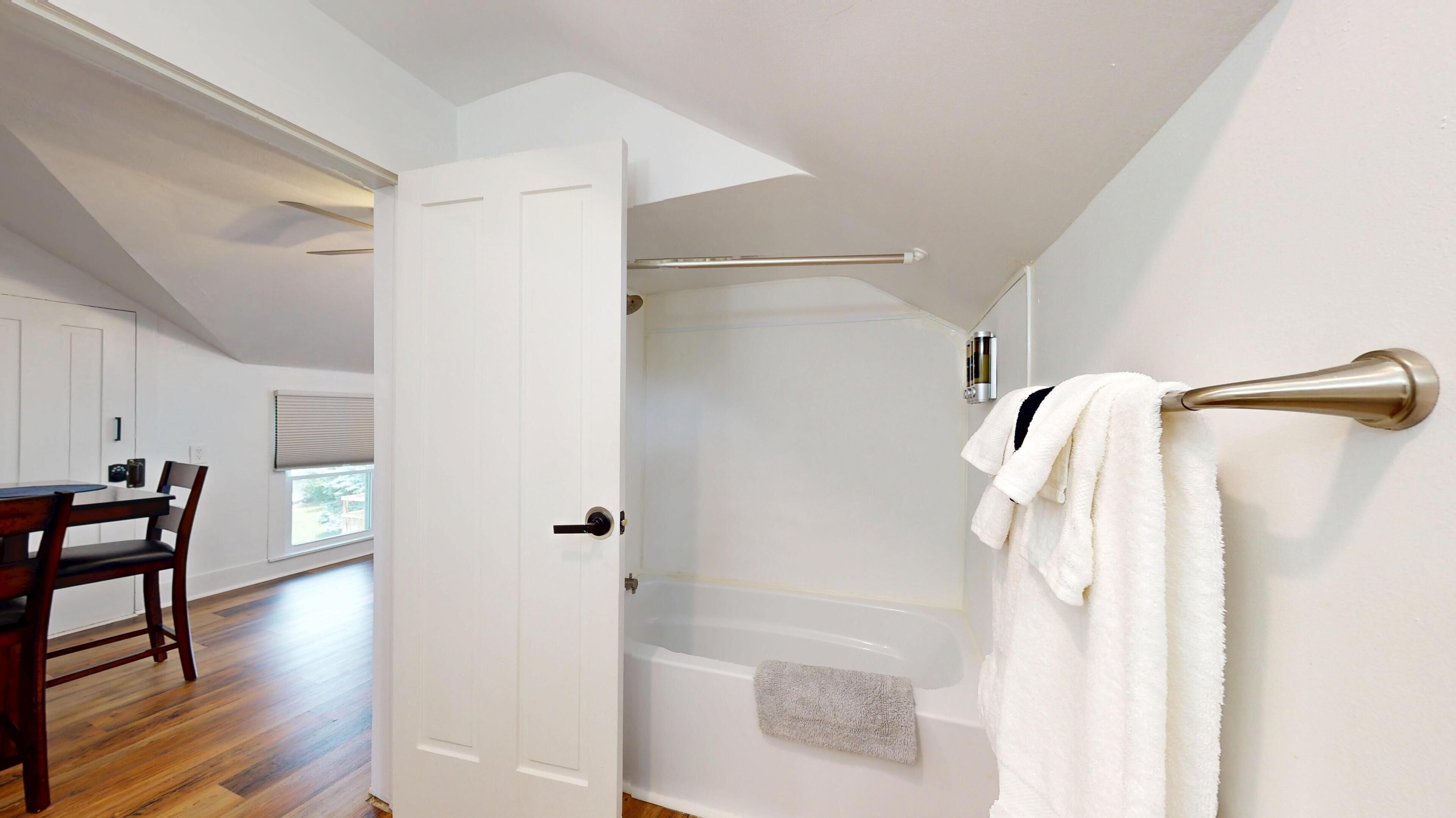 Hair dryer, towels, soap, toilet paper