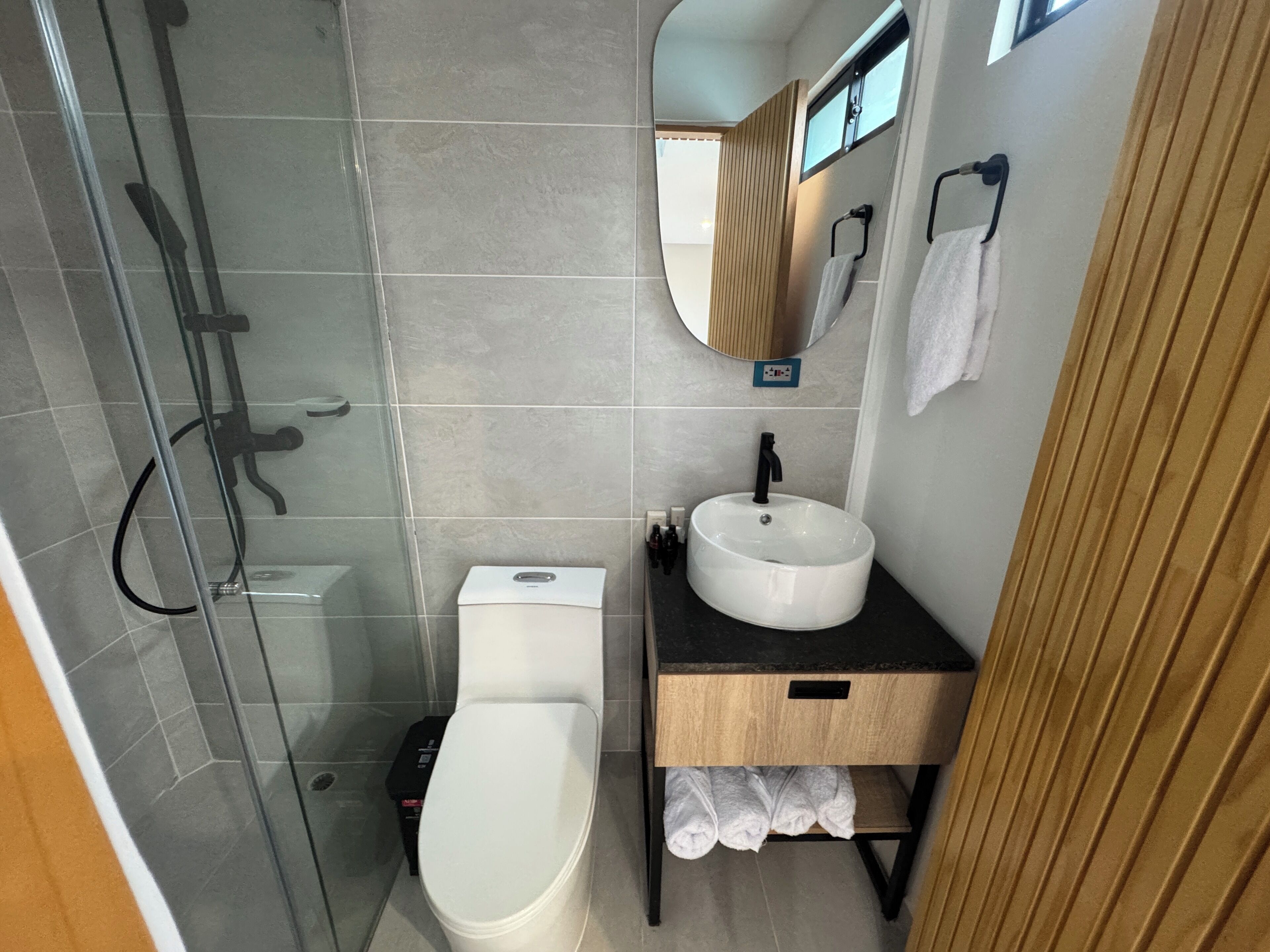A modern bathroom with a glass shower enclosure, a white toilet, a wooden vanity with a sink, and a mirror.
