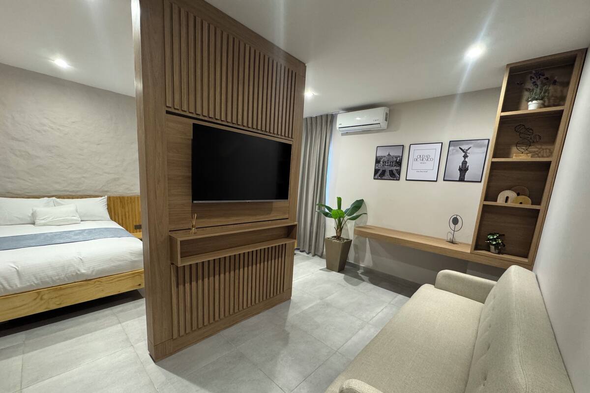 A modern hotel room with a wooden accent wall, a flat-screen TV, a bed with white linens, a beige sofa, and a small side table with a potted plant.