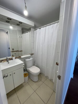 Hair dryer, towels, soap, toilet paper