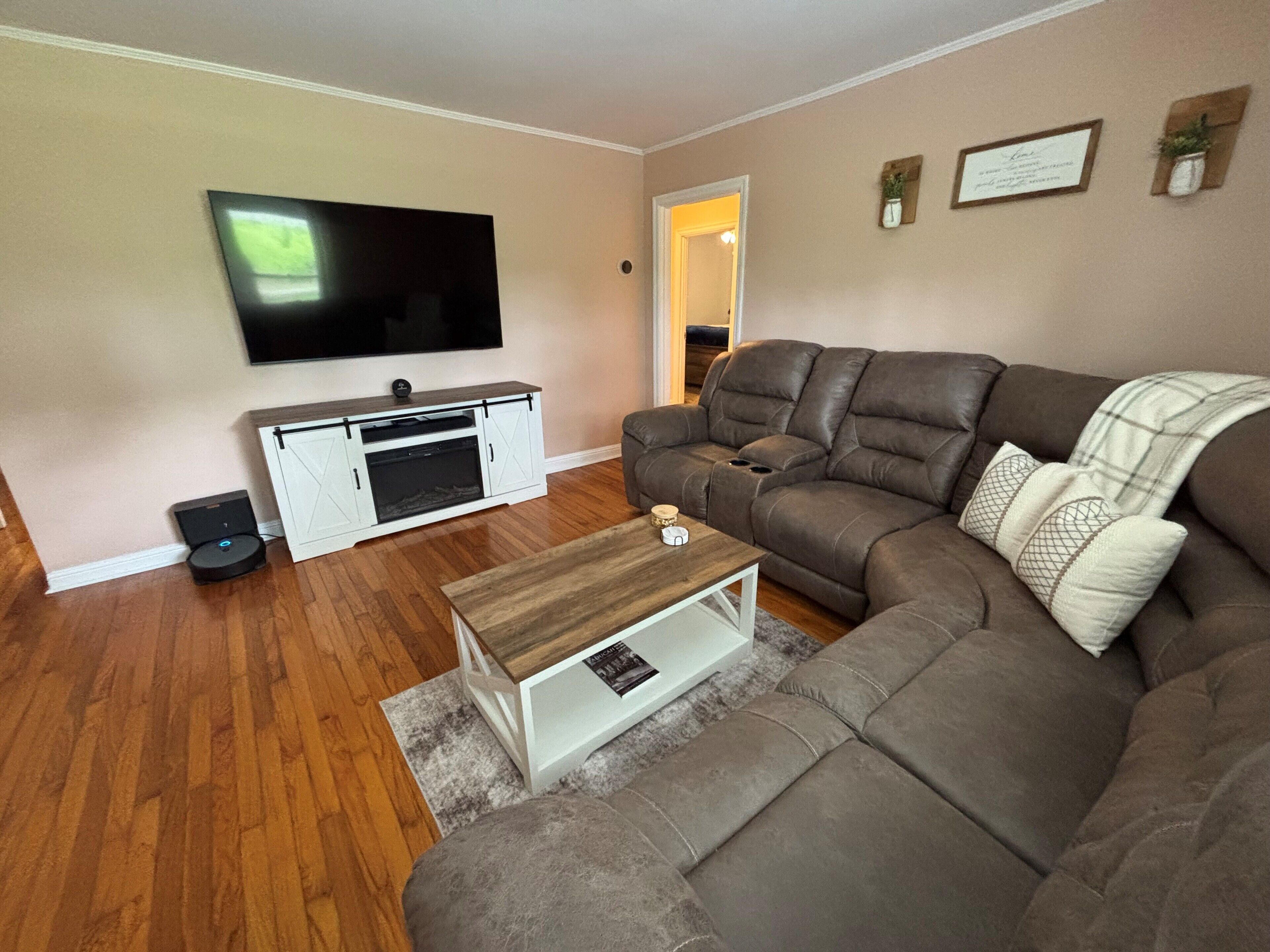Smart TV, fireplace, books, computer monitors