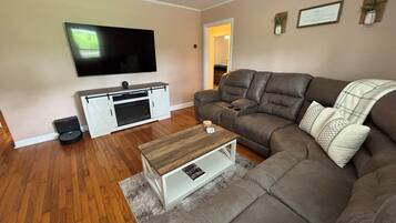 Smart TV, fireplace, books, computer monitors