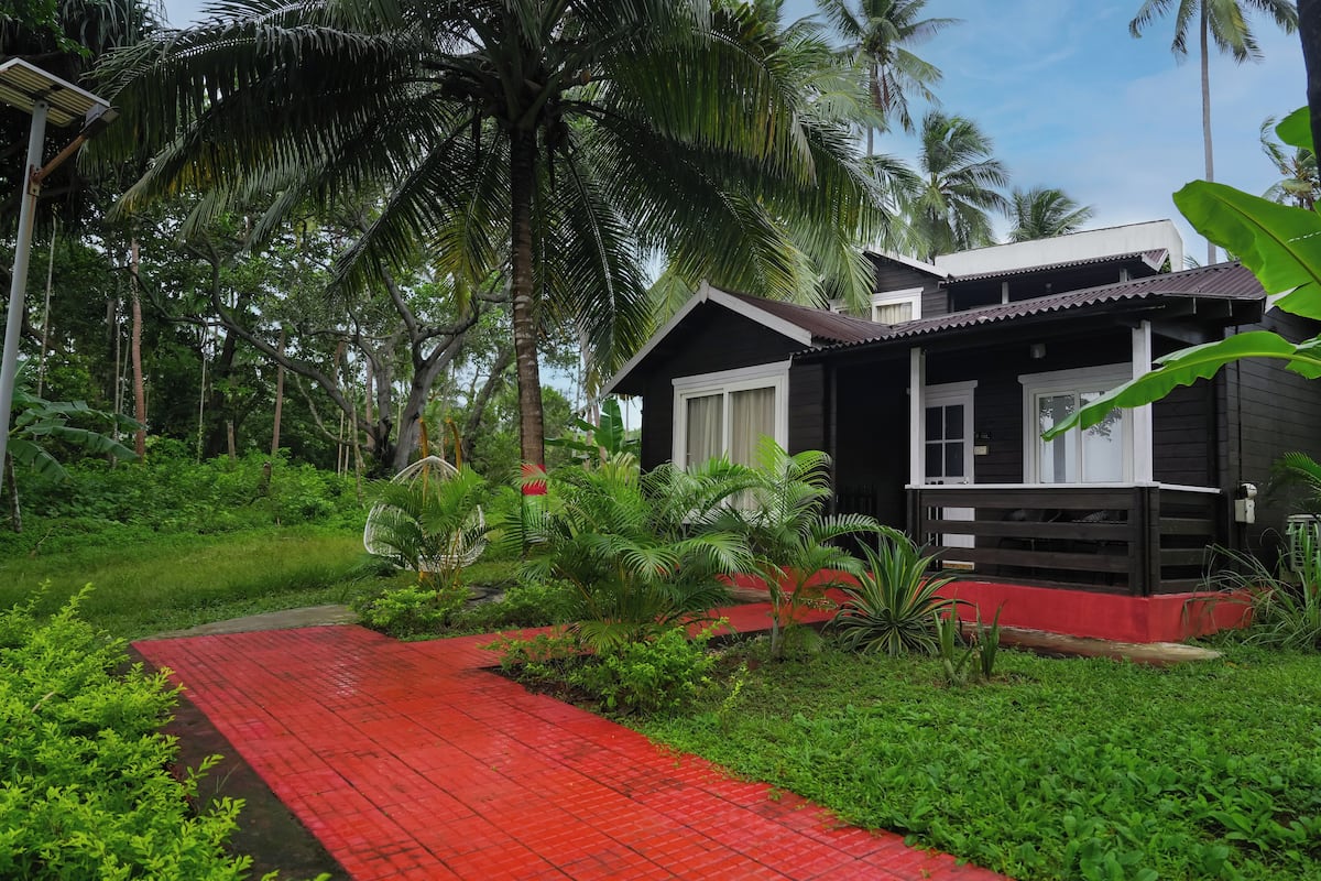 Una casita negra con un sendero rojo que lleva a ella, rodeada de abundante vegetación y palmeras.