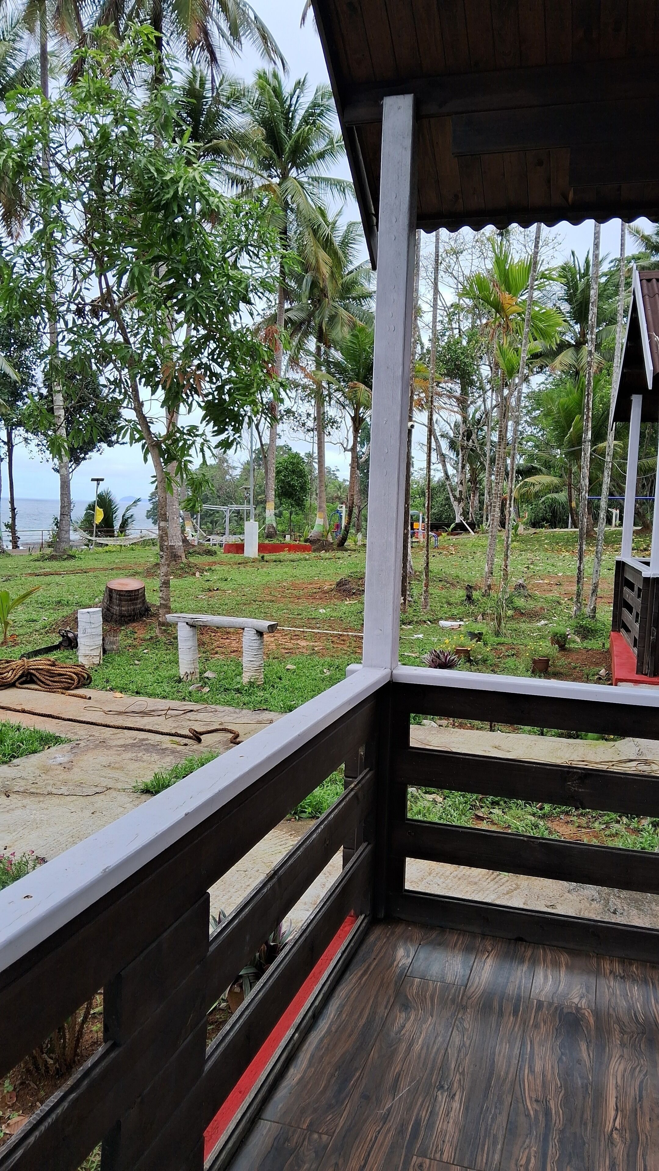 A wooden deck with a railing, overlooking a grassy area with palm trees and a body of water in the background.