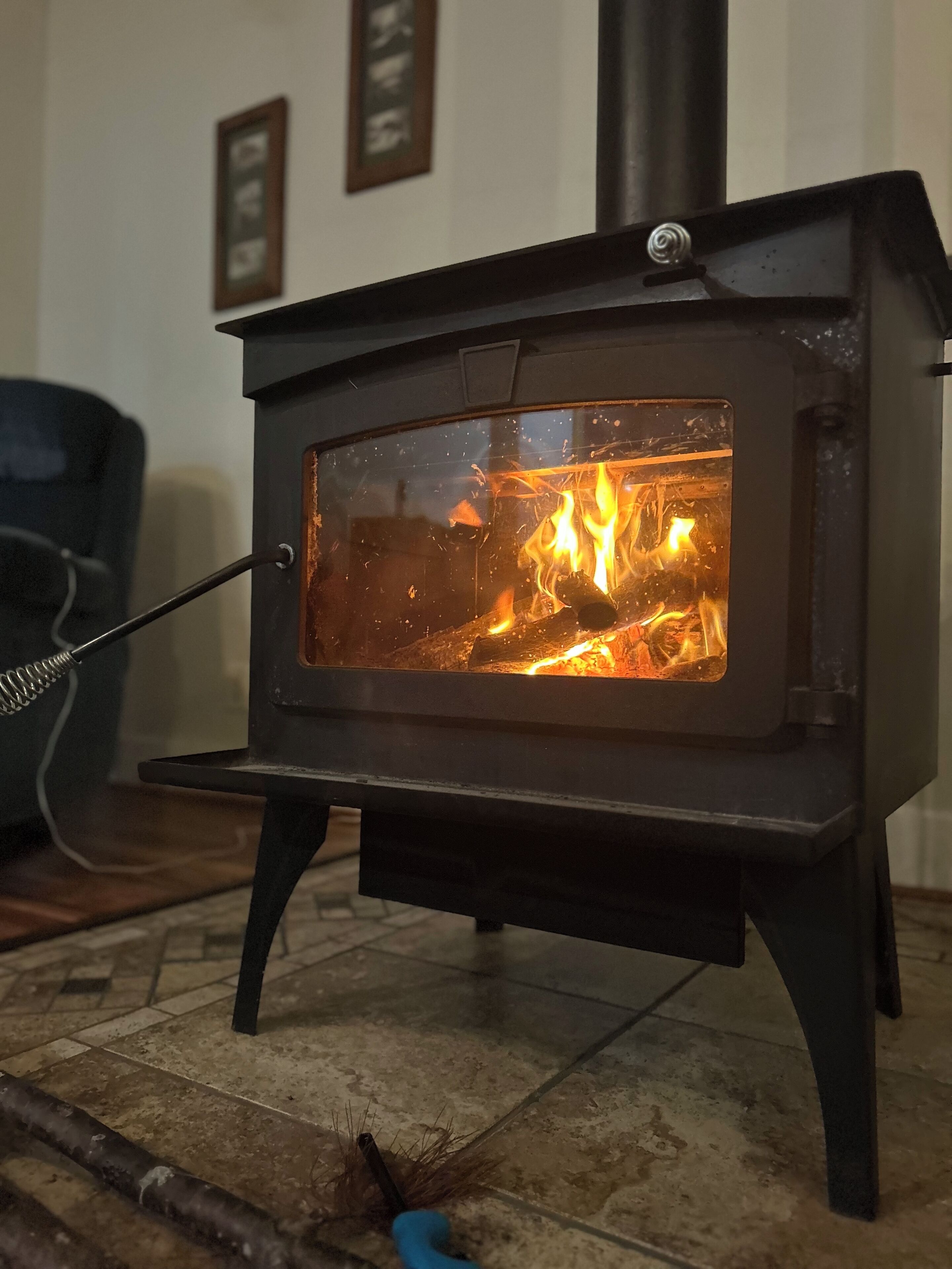 A wood-burning stove with visible flames, a metal handle, and a glass door.