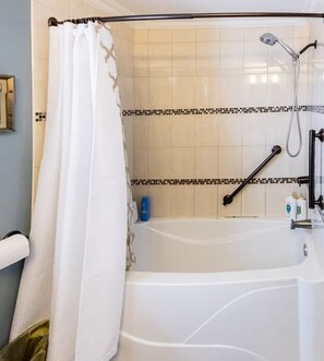 Hair dryer, towels, soap, toilet paper