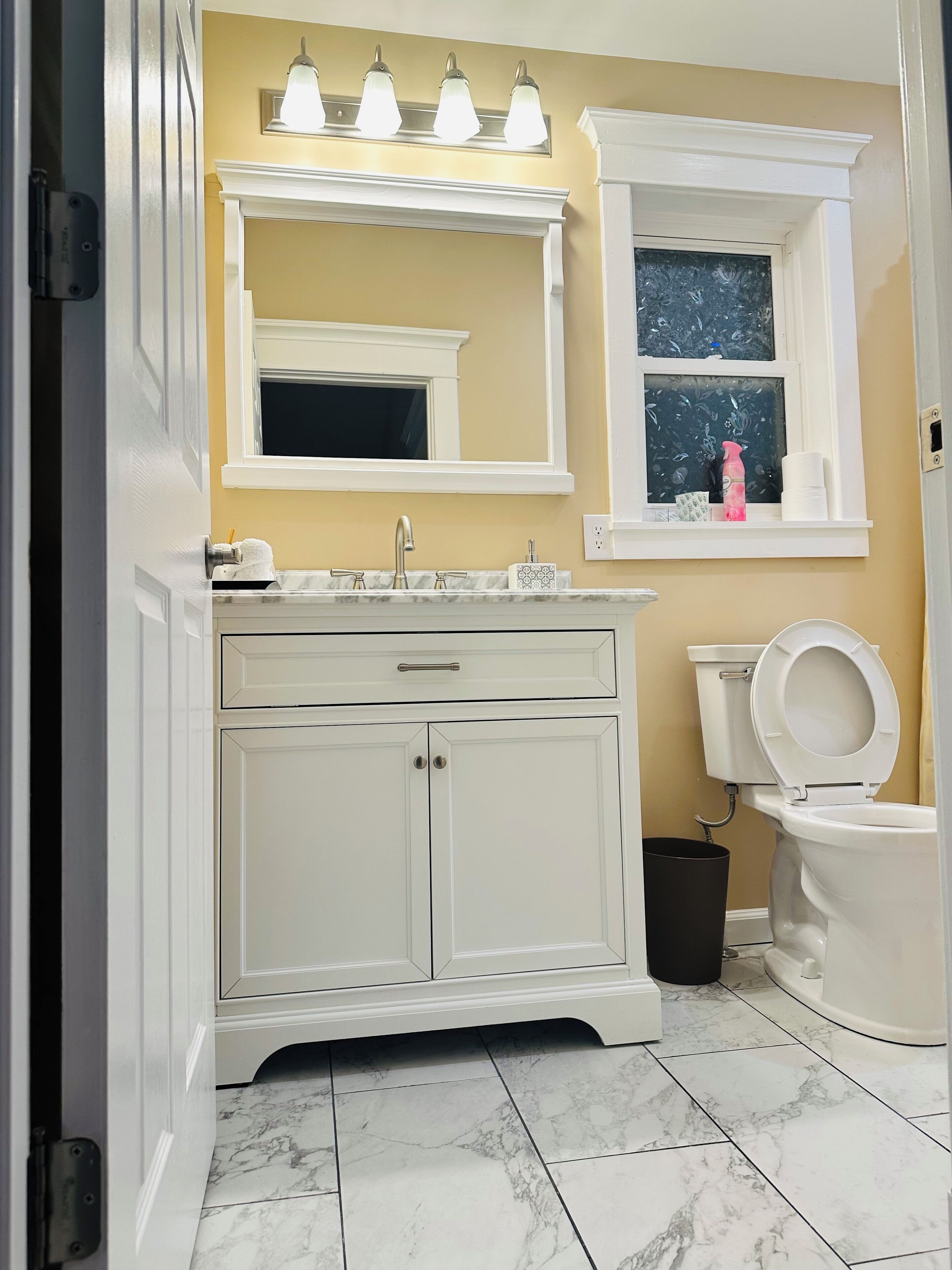 Hair dryer, towels, soap, toilet paper