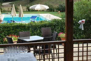 Eine Terrasse mit Korbstühlen, einem Tisch und einem Pool im Hintergrund.