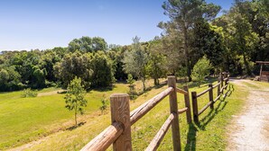 A wooden fence, a dirt path, and a grassy area with trees. - Apartment 'Mirtillo' with Shared Pool, Wi-Fi and Air Conditioning (Livorno)