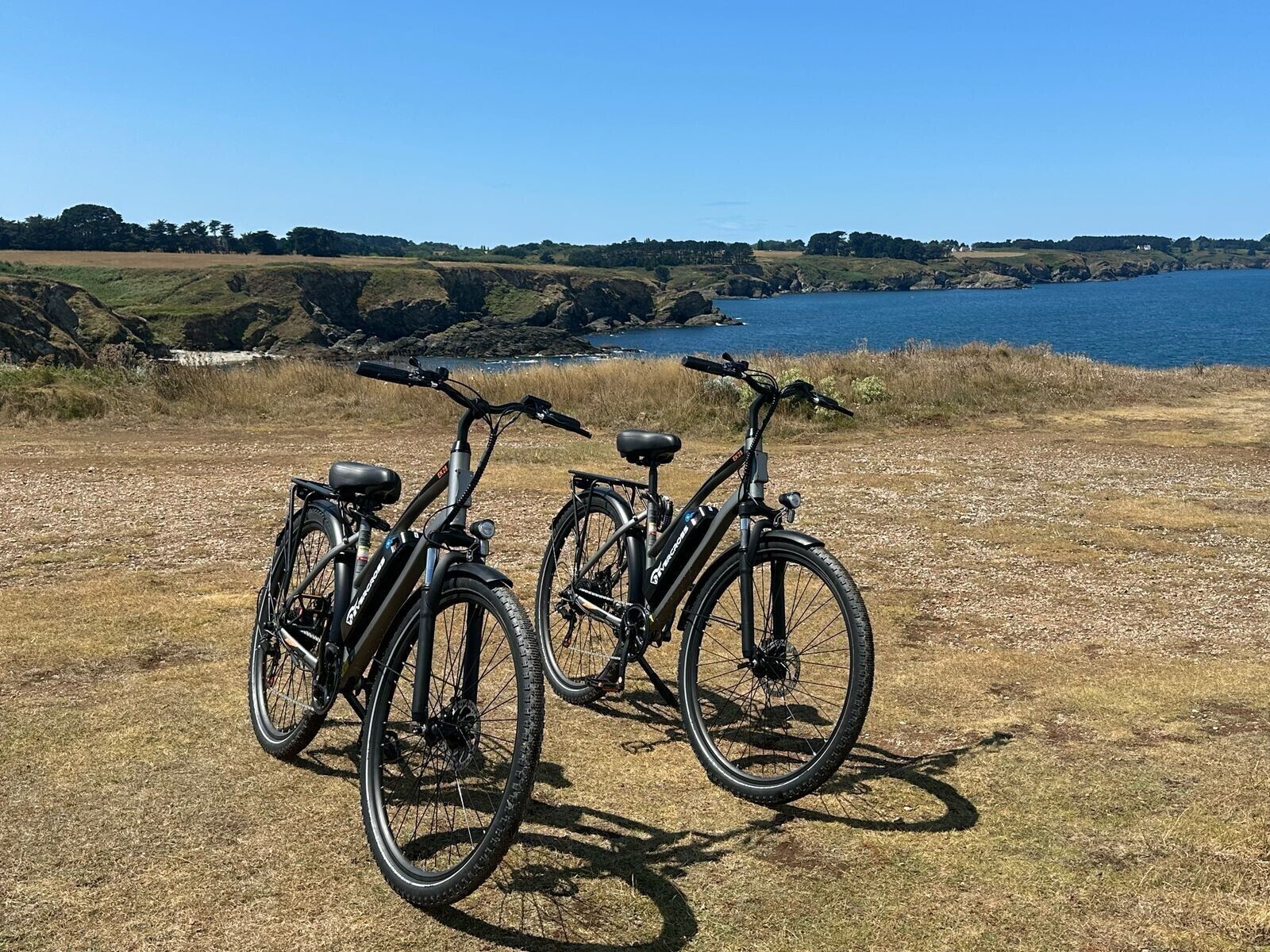 Trois vélos sont garés sur une pelouse, avec une vue sur une étendue d’eau et des collines en arrière-plan.