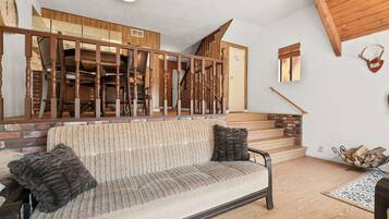 Smart TV, fireplace, books