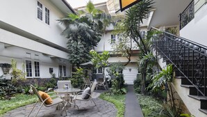 A courtyard with a seating area, a staircase, and a variety of plants.
