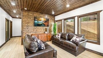 Smart-tv, eldstad, tv-spel och böcker