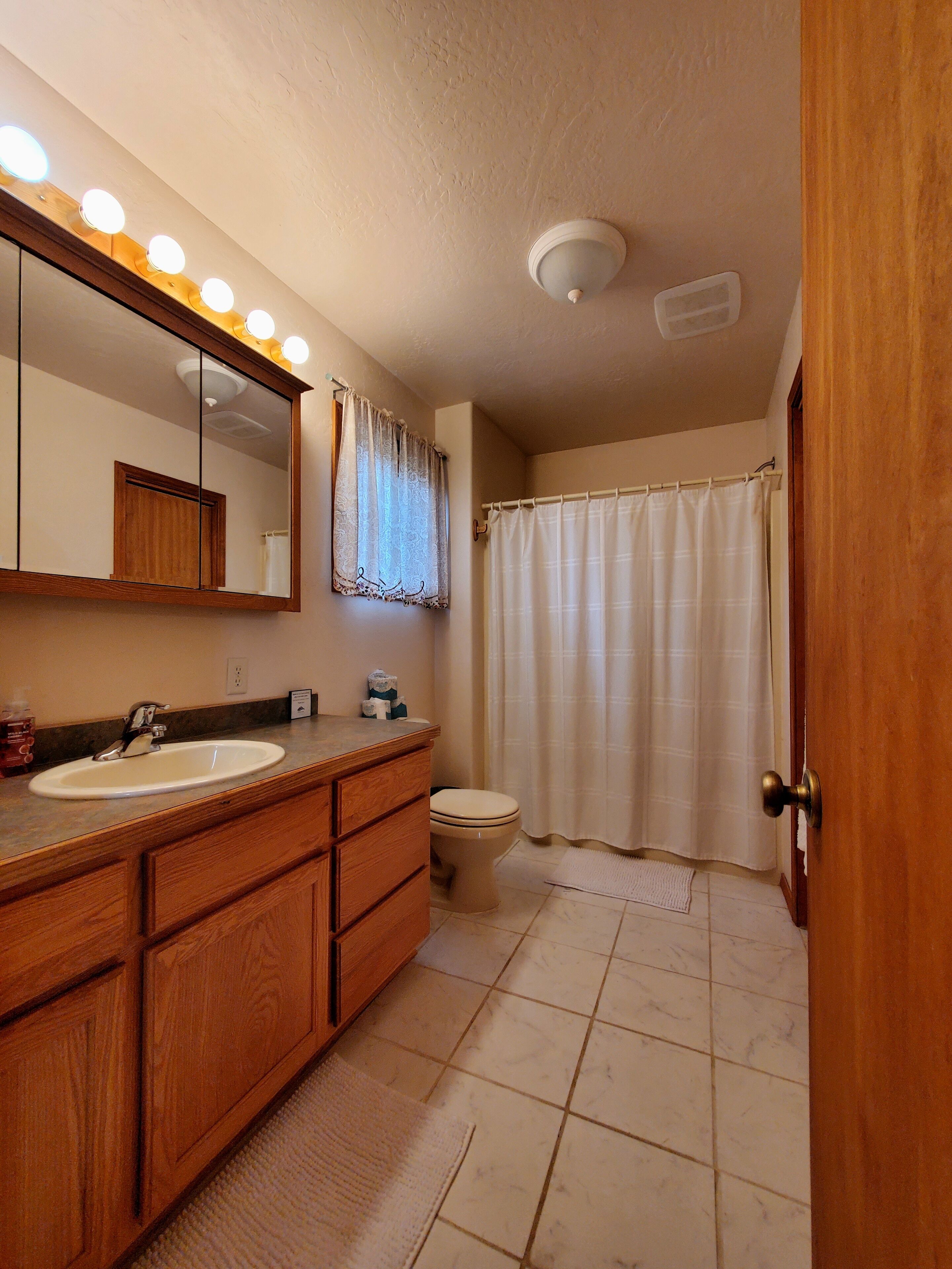 Hiustenkuivaaja, pyyhkeet, saippua, vessapaperi