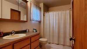 Ein Badezimmer mit einem Holzbadezimmerschrank, einem Waschbecken, einem beleuchteten Spiegel, einer Toilette und einer Duschvorhang.