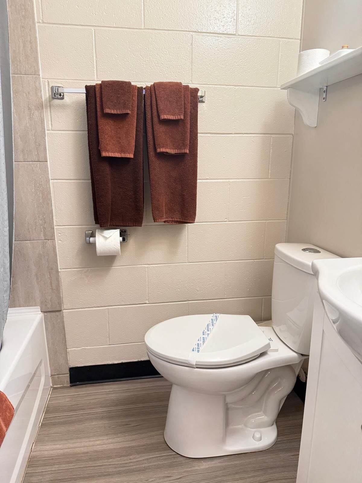 A bathroom with a toilet, a towel rack with two towels, and a toilet paper holder.