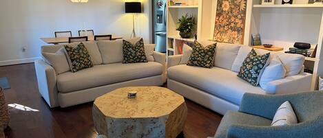 Smart TV, fireplace, books, stereo