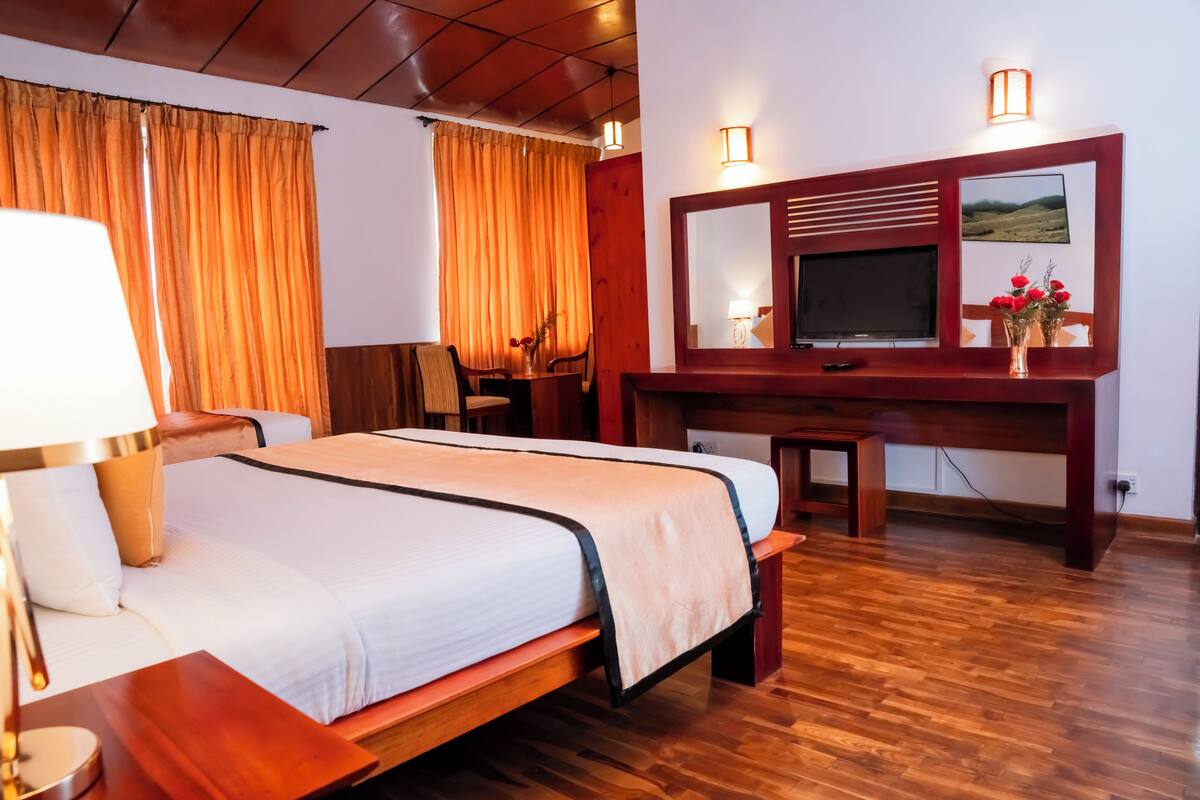 Hotelkamer met een bed, bureau, televisie en houten vloer.