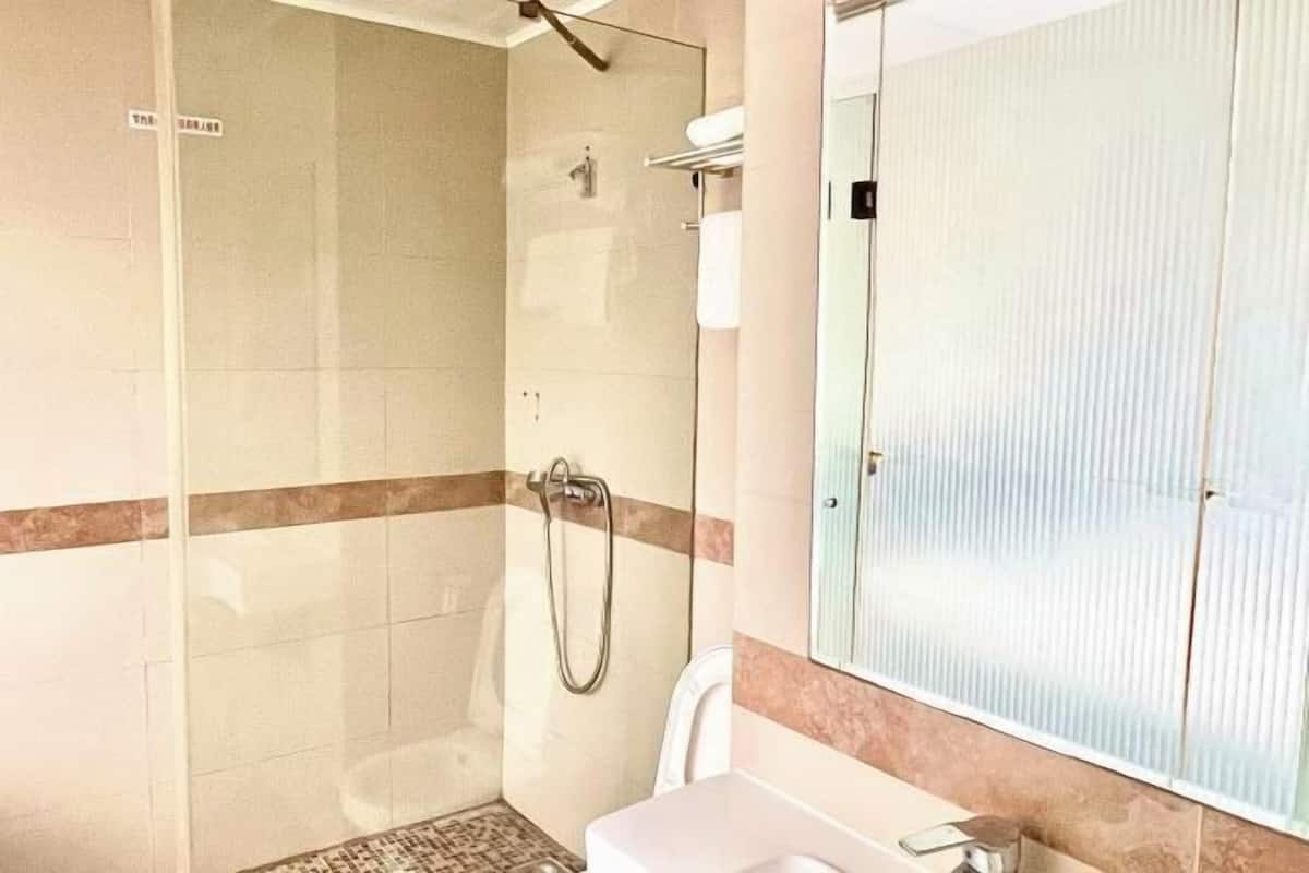 A bathroom with a shower, a sink, and a mirror.