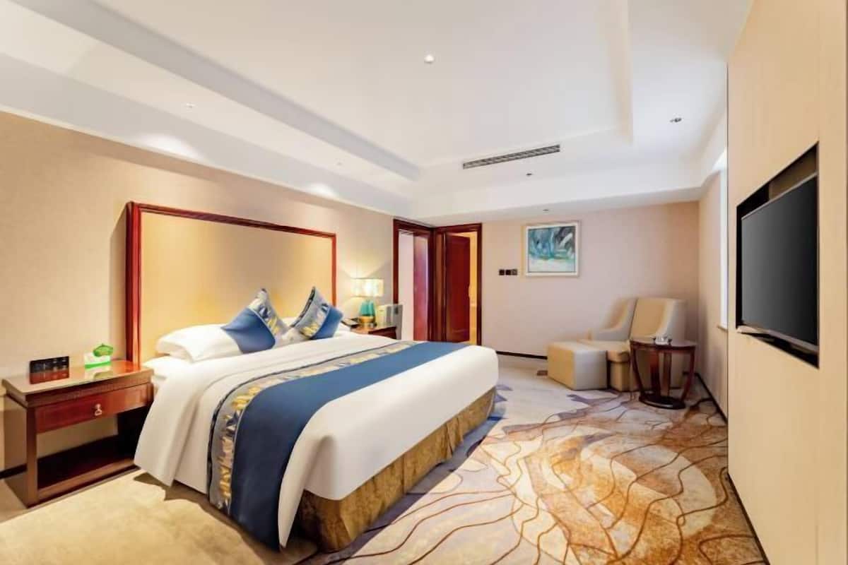 Quarto de hotel com uma cama grande, televisão, escrivaninha e uma cadeira.