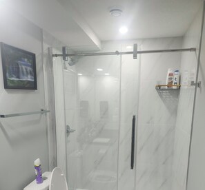 Shower, towels, soap, toilet paper