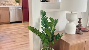 A modern kitchen with wooden cabinets, a red refrigerator, and a potted plant on a red stool.