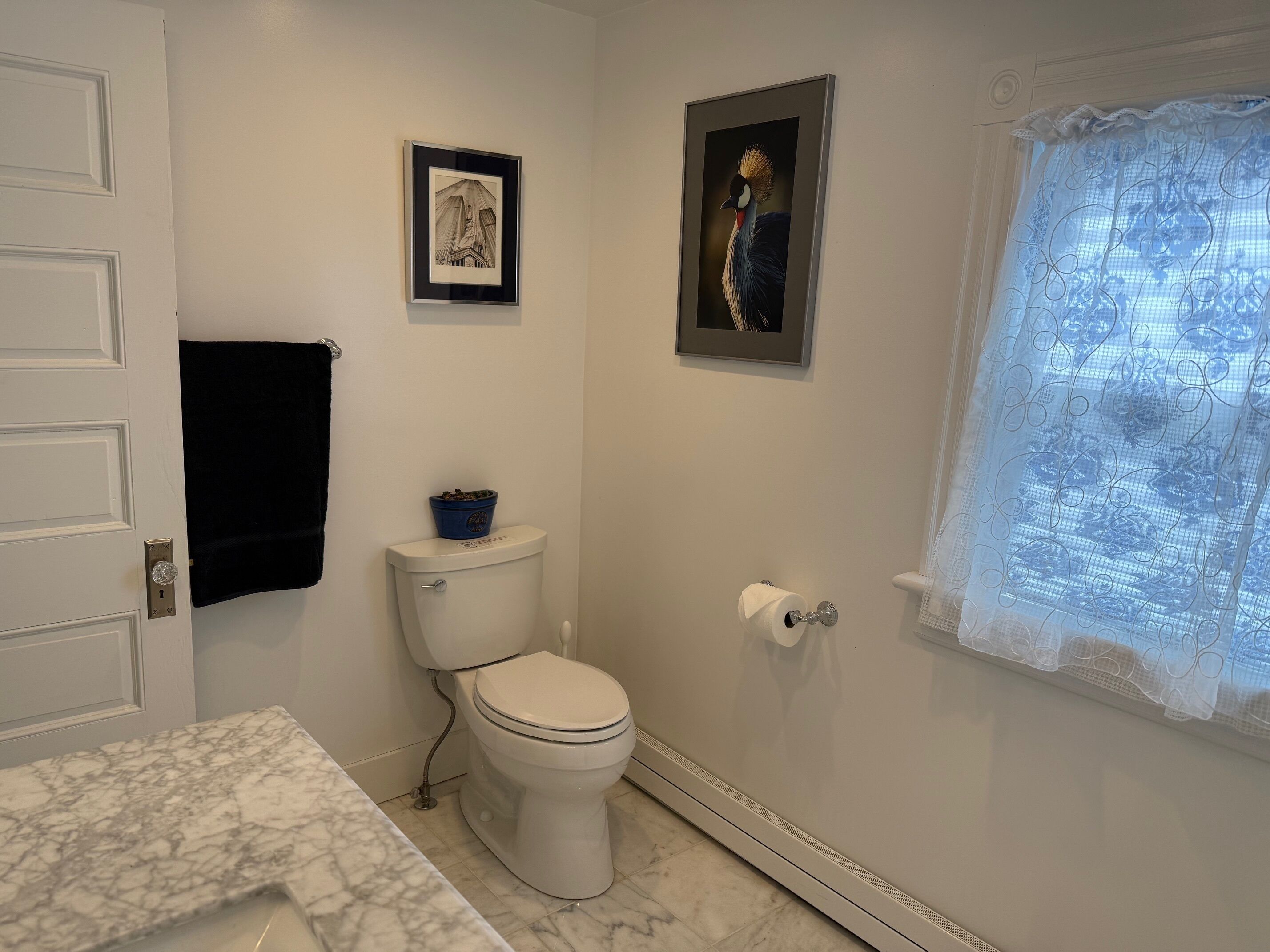 Un baño con inodoro, un lavabo de mármol, un cuadro enmarcado sobre el inodoro y una ventana con cortinas de encaje.