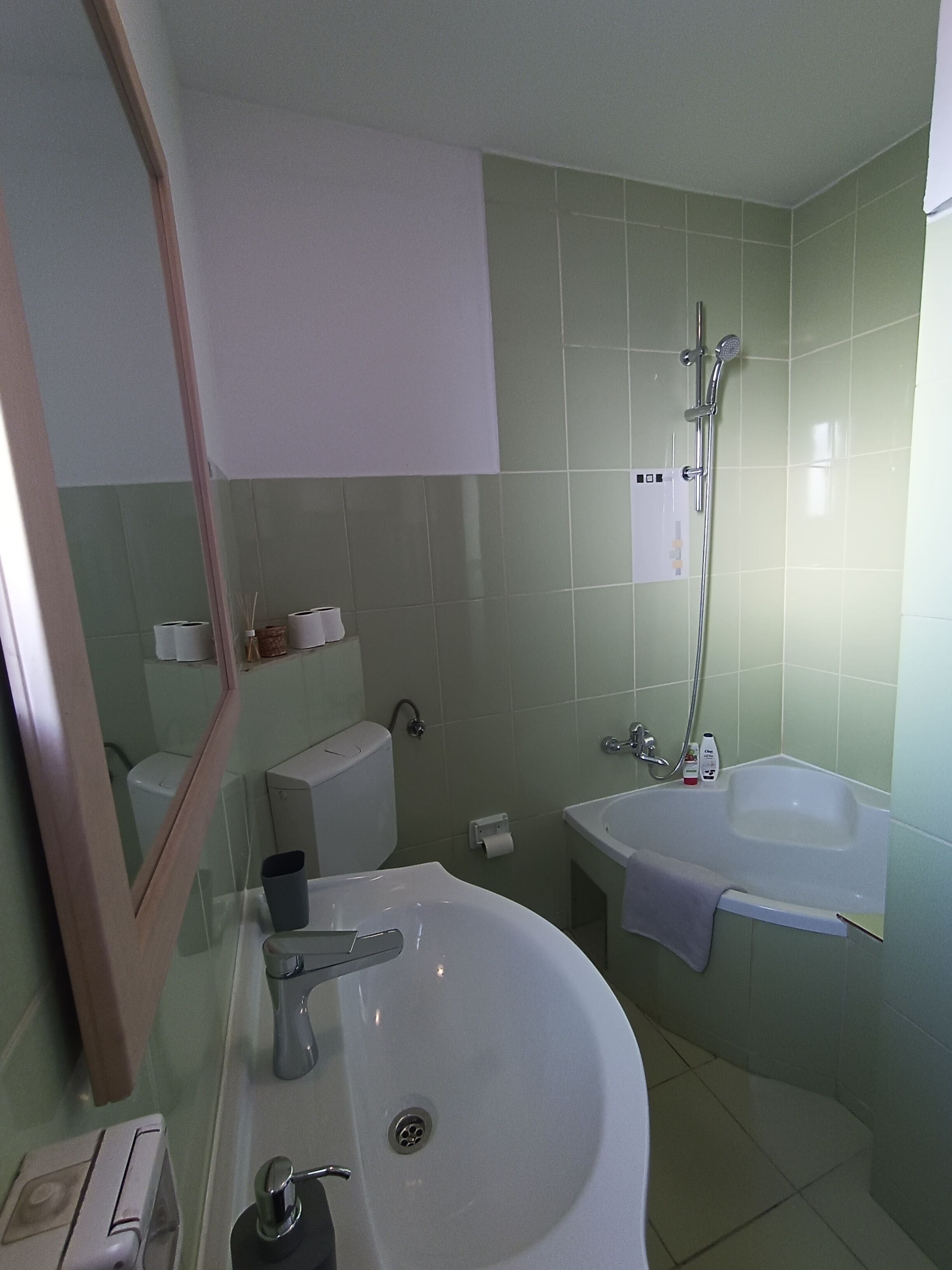 Hair dryer, towels, soap, shampoo