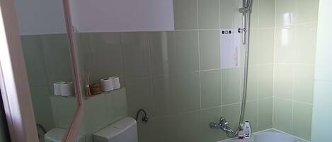 A bathroom with a white sink, a mirror, a toilet, and a shower area.