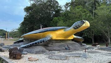 Una gran escultura de tortuga sobre una roca, con una zona pavimentada alrededor.