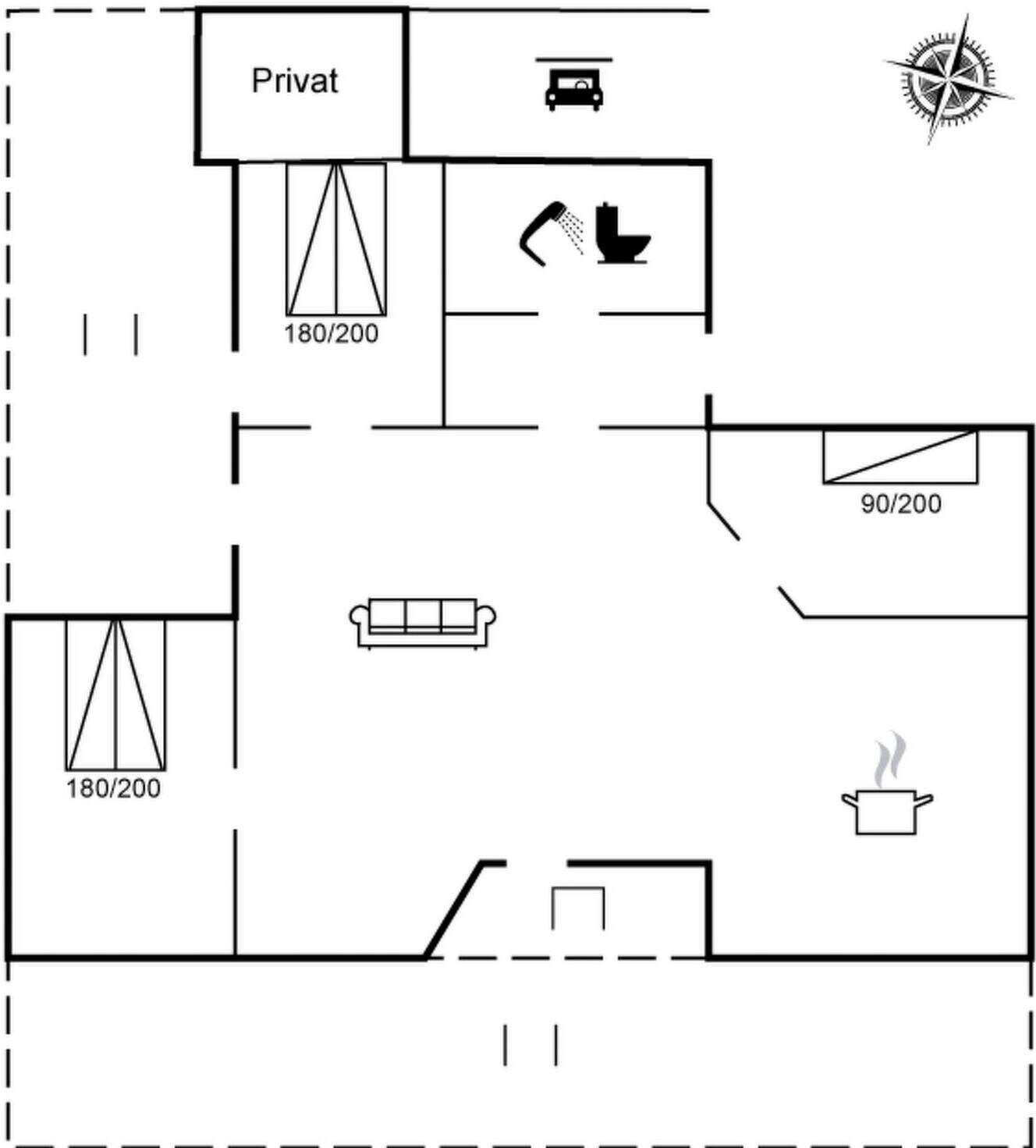 Un plano de planta que muestra una habitación privada, un baño, una kitchenette y una sala de estar.