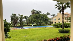 A well-maintained lawn with a pool, surrounded by palm trees and a building with balconies. - Poolside Condo, El Tigre. Beautiful (Nuevo Vallarta)