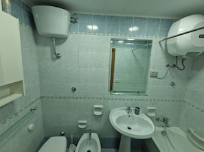 Hair dryer, bidet, towels, soap