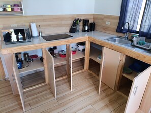 Fridge, microwave, stovetop, coffee/tea maker