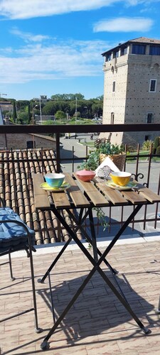 Cervia central large bright apartment spectacular view of the Tower