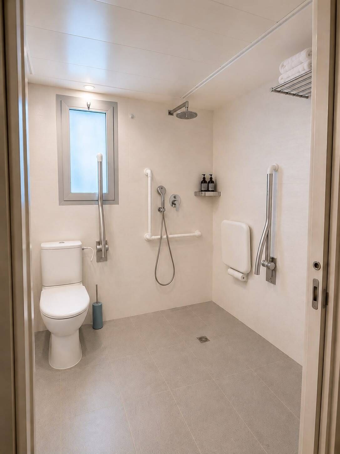 Un baño moderno con inodoro, ducha y lavabo.