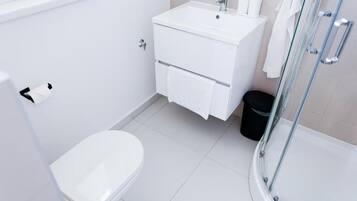 A modern bathroom with a toilet, a sink, and a glass shower enclosure.