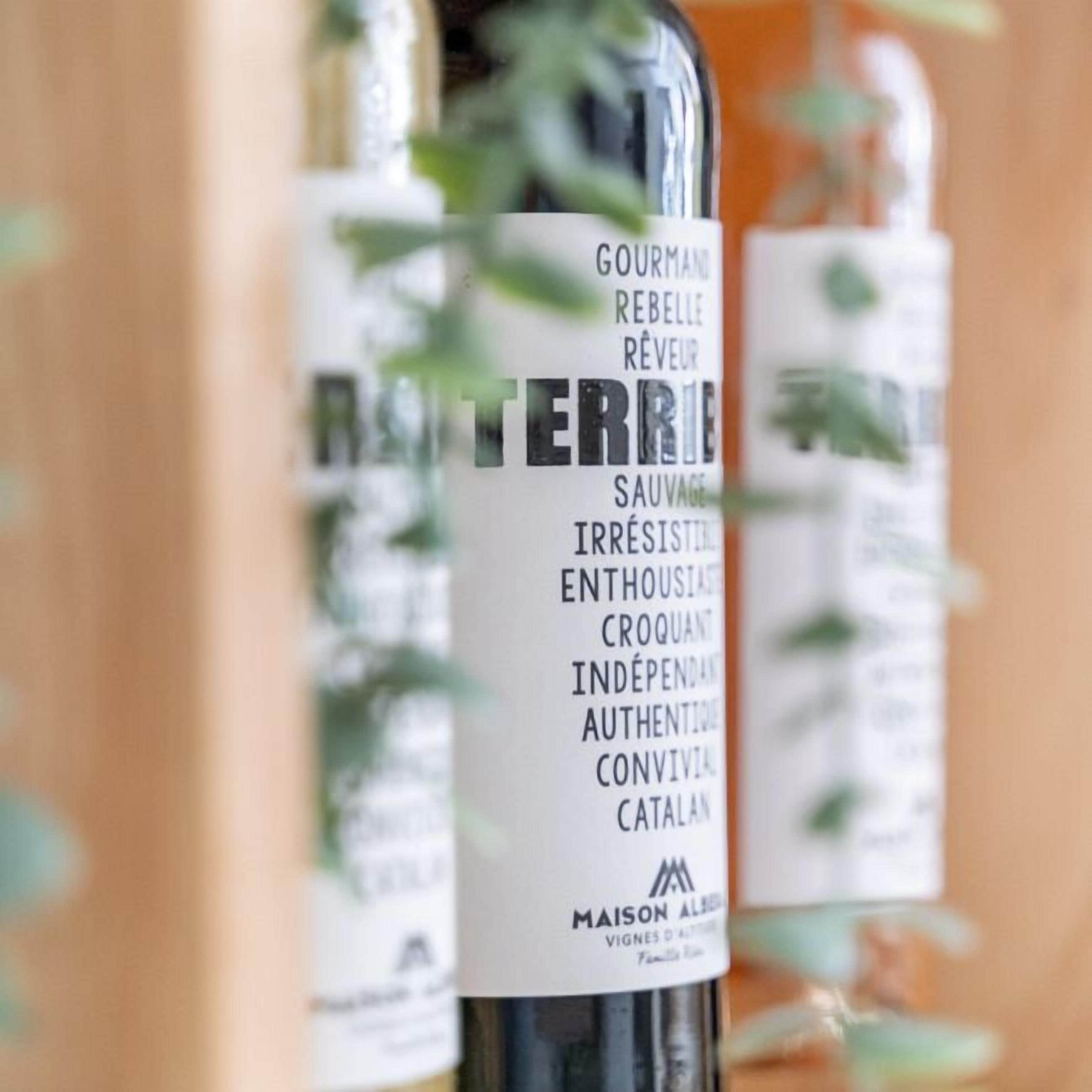 Una botella de vino con etiqueta que incluye las palabras "Gourmand Rebel", "Sauvage", "Irresistible", "Croquant", "Indépendant", "Authentique" y "Catalán". La etiqueta también muestra el logotipo de Maison Albo y el texto "Vignes d'Andorra".