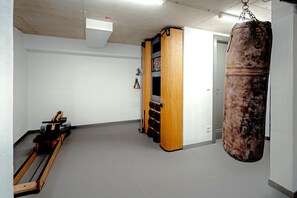 A training room with a punching bag, a wooden cabinet, and a rowing machine. - Villas & Spa Dubrovnik (Dubrovnik)