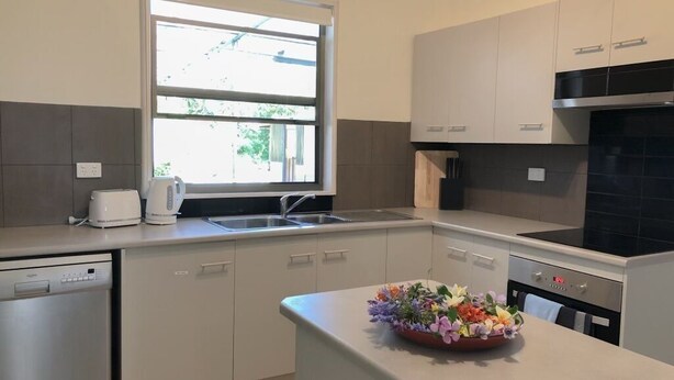 A modern kitchen with a dishwasher, a sink, a stove, and a window providing natural light.
