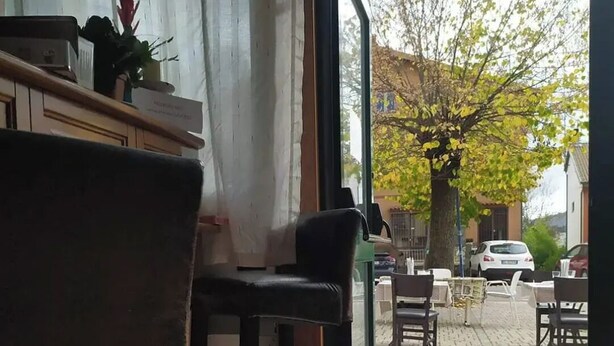 A cafe interior with a wooden counter, a black chair, and a view of the street outside. - albergo da teresa (Bardineto)