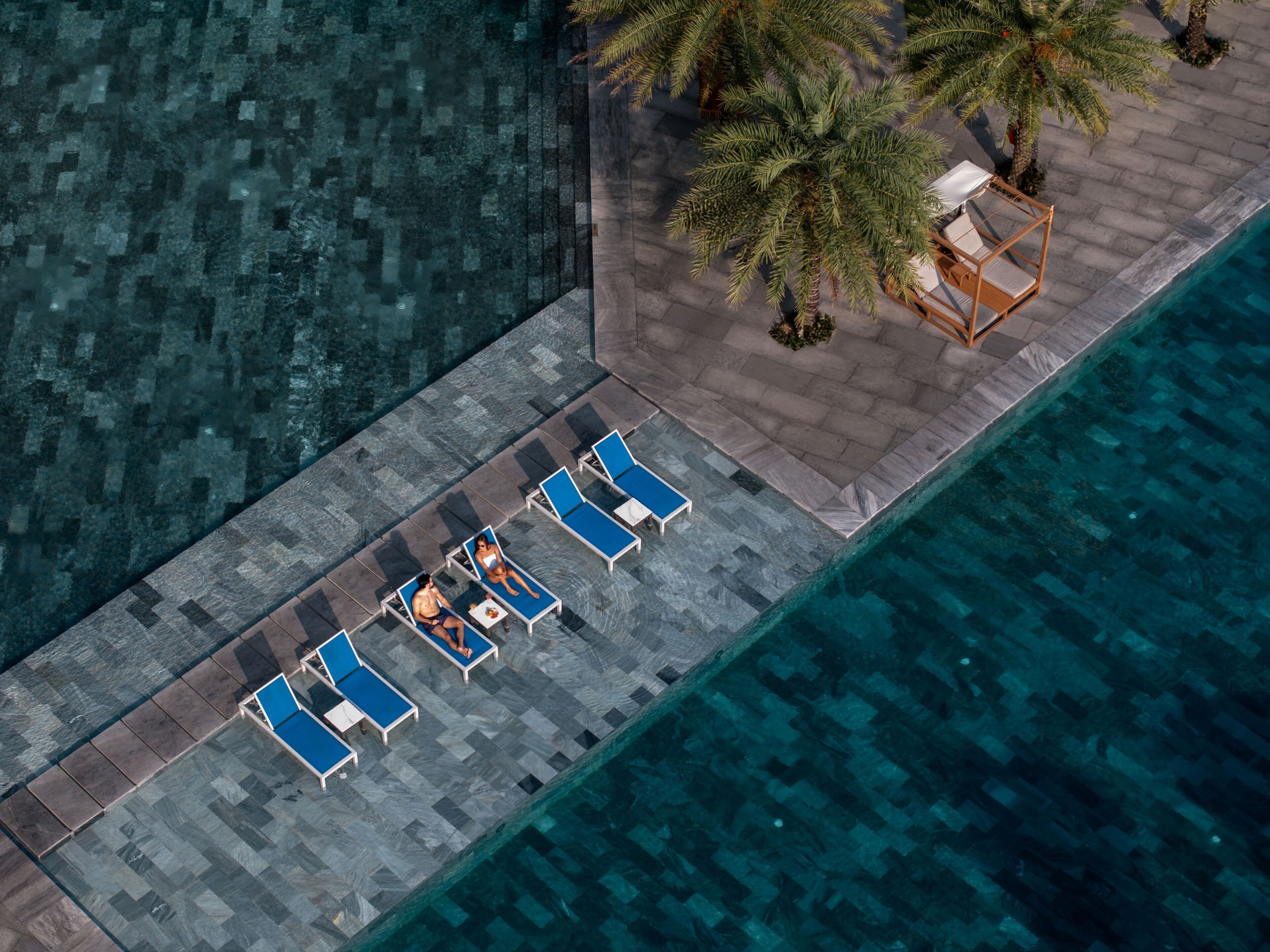 Vista aérea de una zona de piscina con sillones de descanso y una palmera.